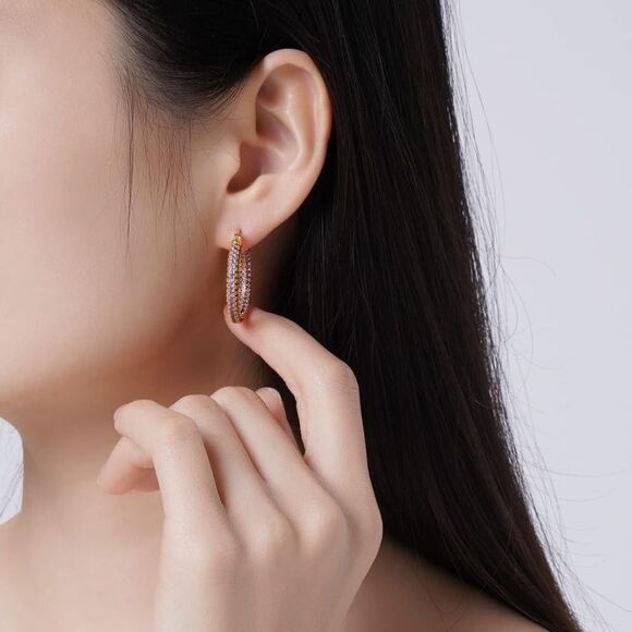 14K Yellow Gold Sterling Silver and Purple Amethyst Cubic Zirconia Hoop Earrings - Picture 3 of 6